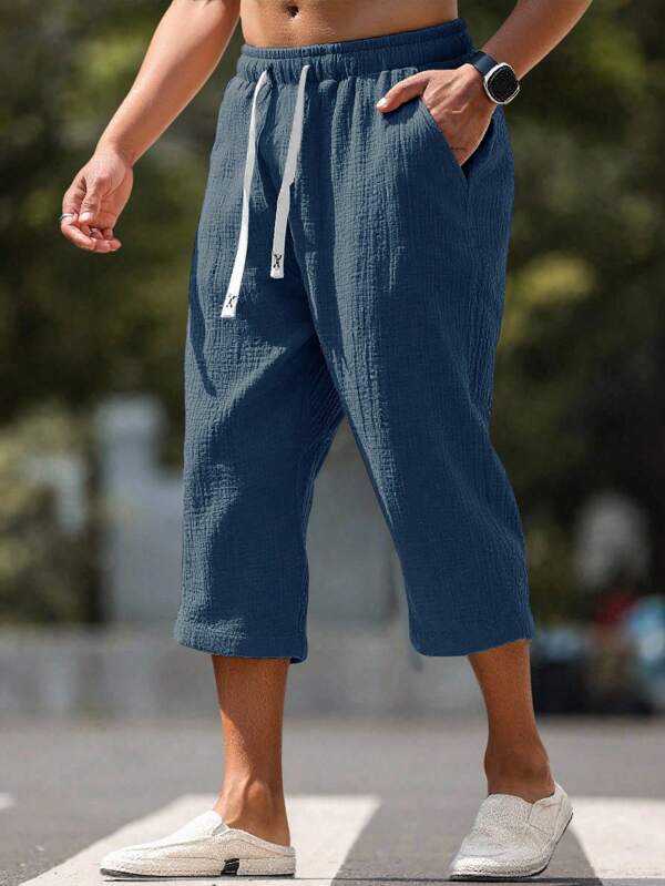 VENTUSAIL Men's Drawstring Waist Pockets Casual Solid Color Capri Cotton Pants Men Capri Short Drawstring Men Long Shorts Men Beach Pants Men Summer Pants Men Casual Shorts