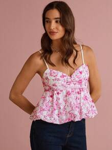 Enchnt Fall/Winter Romantic Women's Pink Floral Embroidery Print Ruffle Hem Cami Top, Fashionable For Vacation, Sweet & Elegant For Vacation & Date & Holiday & Birthday & Party & Graduation & Wedding Guest & Office & Going Out, Prom,Fall Top For Women,Fall,Back To School,Elegant Top For Party - Pink - View 5