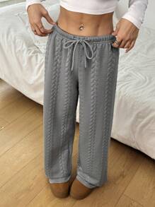 SHEIN EZwear Women's Casual Solid Color Texture Drawstring Waist Sweatpants, Autumn/Winter - Grey - View 4
