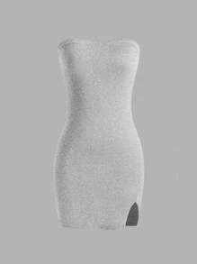 Sweetra 女式纯色露肩修身开叉紧身无袖连衣裙，适合夏季迷你短款女装 - 淺灰色 - 查看 3