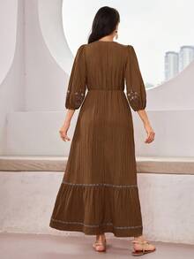 Mulvari Váy tay bồng thêu hoa cổ điển thanh lịch dành cho nữ - màu nâu - Xem 9