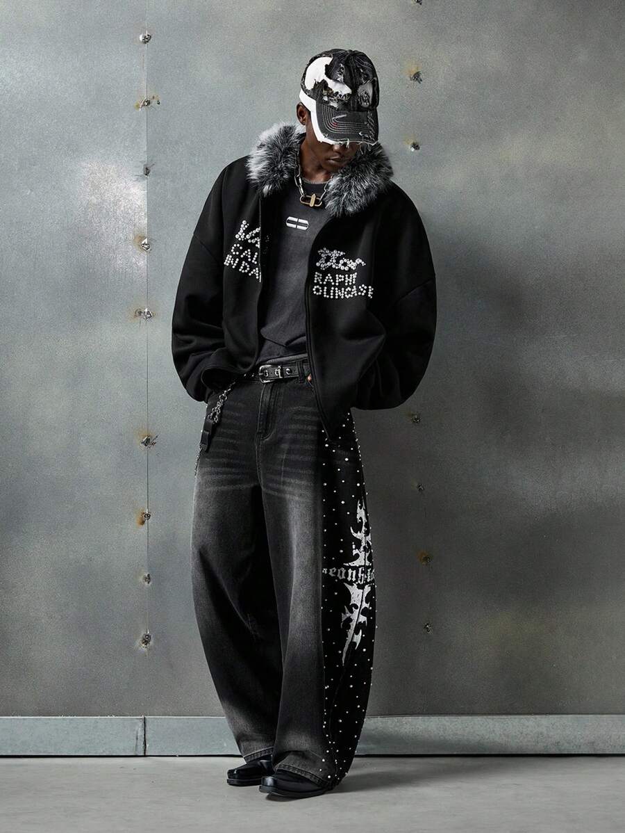 NEON BLANC X LYSMO 联名款男士时尚铆钉拉链长袖连帽卫衣，适合秋冬季节，情侣款 - 黑色 - 查看 1