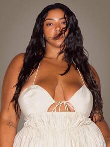 MUSERA 大码女式露背系带前开衩褶皱连体裤，假日泳装性感浪漫优雅香草色，夏季必备 - 杏色 - 查看 5