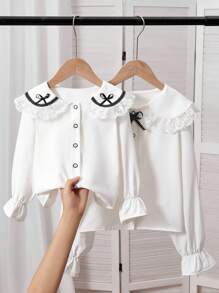 女童蕾丝边蝴蝶结设计长袖衬衫，优雅舒适 - 白色 - 查看 4