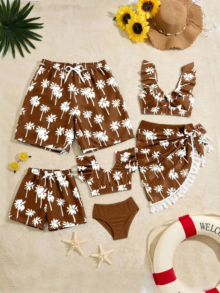 3pcs Women's Green Palm Tree Fringed Halter Bikini Swimwear With Sarong Beach Skirt Set Tropical Vacation Beach Bikini Set For Summer