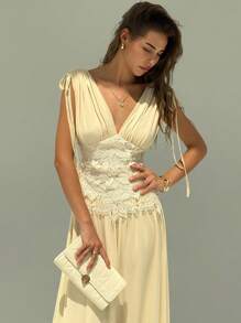 Aloruh Đầm dài vai buộc dây cổ chữ V phối ren họa tiết chắp vá mùa hè cho nữ - Màu be - Xem 9