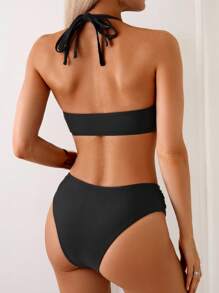 Swim Basics 2件組 女款素色性感露背掛脖比基尼泳衣套裝 夏季適用 - 黑色 - 查看 2