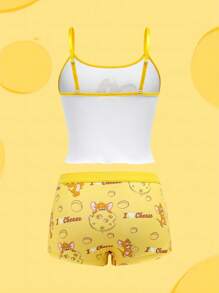 TOM & JERRY X SHEIN Women Yellow Cartoon Jerry Print Cami Top And Boyshorts Underwear Set, Women Two Pieces Outfits,Cute,Kawaii