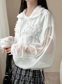 FRIFUL Veste ample régulière pour femmes avec manches lanternes légères, volants en dentelle et patchwork de couleur unie. Manteaux d'automne pour femmes - Blanc - Voir 4