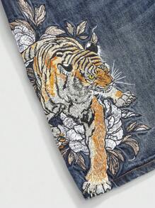 ROMWE Avant 男女皆宜的复古街头风中国虎纹花卉刺绣宽松阔腿低腰牛仔裤 - 淺藍色 - 查看 3