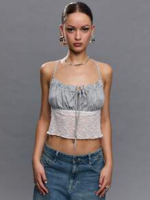 TypaGal 女士休闲时尚夏季蕾丝拼布吊带背心 - 灰色 - 查看 3