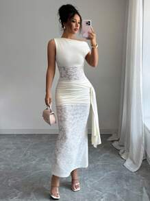 Elenzga Women's Off Shoulder Lace Patchwork Sheer Backless Tie-Up Ruched Dress, Waist-Cinching & Slimming