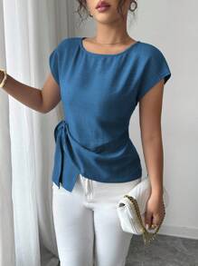 Rafferiza 休闲通勤百搭度假简约宽松圆领蝙蝠短袖不对称下摆设计柔软质感材质蓝色女衬衫夏季上衣女夏装夏季衬衫夏装女优雅上衣