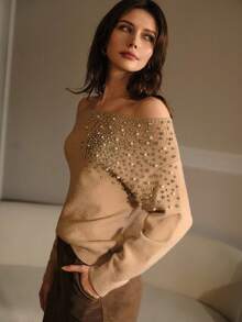 MOTF PREMIUM WOMEN'S AUTUMN NEW ROUND NECK LONG SLEEVE LOOSE FAUX PEARL RHINESTONE EMBELLISHED ELEGANT SWEATER