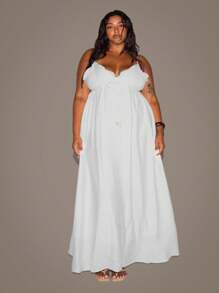 MUSERA 大码女式亚麻质感荷叶边系带宽松长裙，适合度假、泳装、性感、浪漫、优雅的香草色系飘逸长裙，百搭简约，夏季新娘单身派对、告别单身派对、婚礼、复活节 - 白色 - 查看 1