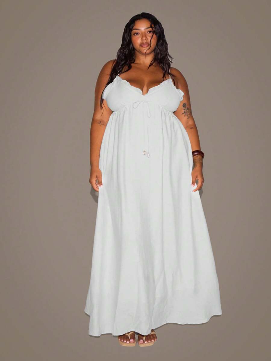 MUSERA 大码女式亚麻质感荷叶边系带宽松长裙,适合度假、泳装、性感、浪漫、优雅的香草色系飘逸长裙,百搭简约,夏季新娘单身派对、告别单身派对、婚礼、复活节 - 白色 - 查看 1