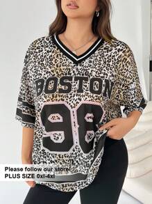 SHEIN EZwear Plus Size Leopard Print V-Neck See-Through T-Shirt, Spring/Summer - Multicolor - View 1