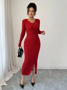Elenzga 2pcs/Set Women Casual Solid Color Knitted Sweater And Skirt Set Fall Winter Cloth For Women - Burgundy - View 8