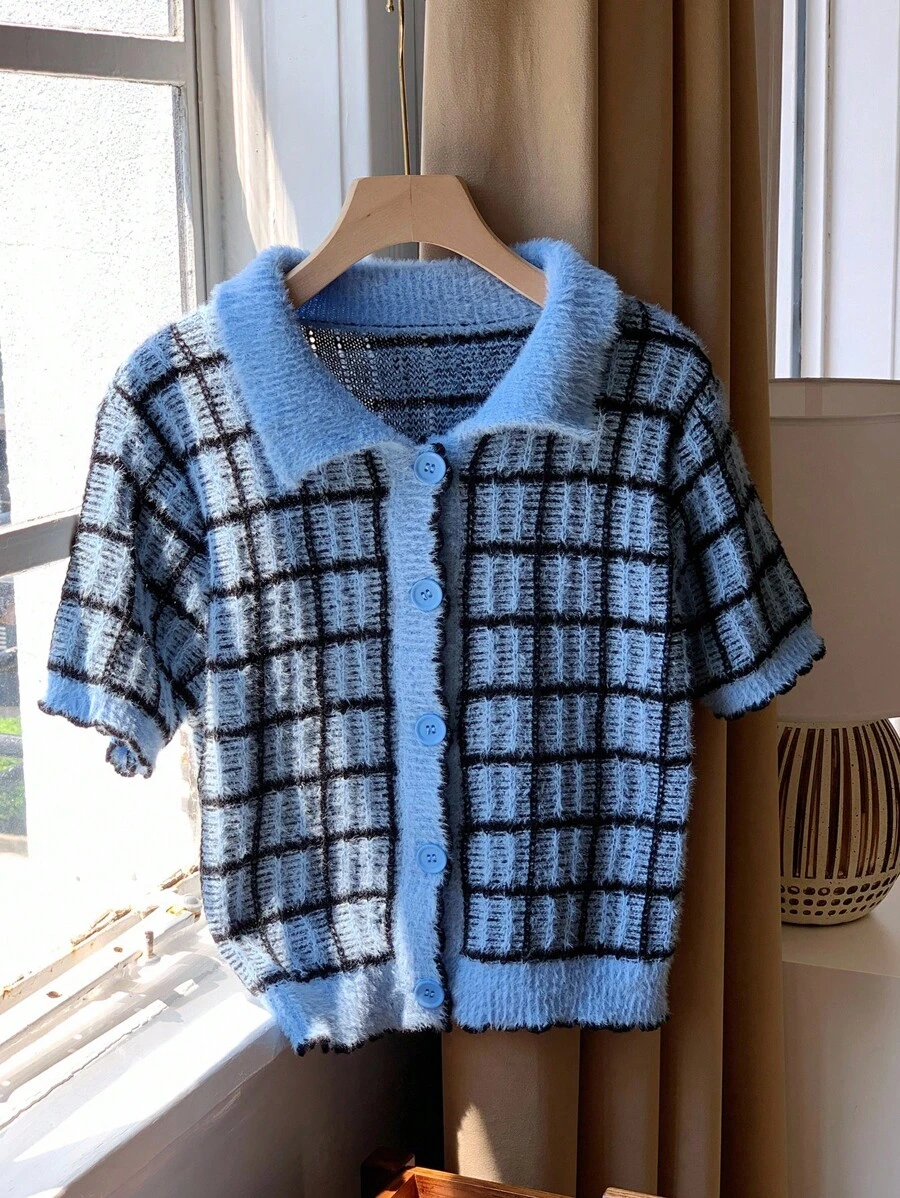 Comfortcana Women's Striped Short Sleeve Knit Cardigan, Fitted, Stylish, Elegant, Casual And Versatile - Blue - View 1