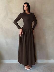 SHEIN Tall 女款優雅純色荷葉邊長袖長洋裝，極簡設計棕色長裙，秋季婚禮賓客禮服，適合高個女性 - 棕色 - 查看 3