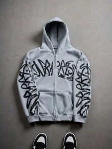 Manfinity Streetrush Sudadera con capucha de doble capa de moda callejera para hombres jóvenes, sudadera con estampado gráfico oversize