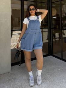 Dripcurv Plus Size Women's Summer Casual Streetwear Collegiate Style Flap Pocket Denim Bib Overall Shorts,Back To School