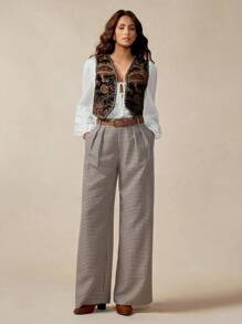 Florisole Women's Elegant Plaid Casual Retro Simple Straight Pants For Commuting Breezy Checks Season Fall Cloth For Women