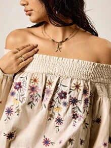 Easelle Áo sơ mi Bohemian phương Tây rộng rãi thêu tay đèn lồng phía trước - Màu be - Xem 4