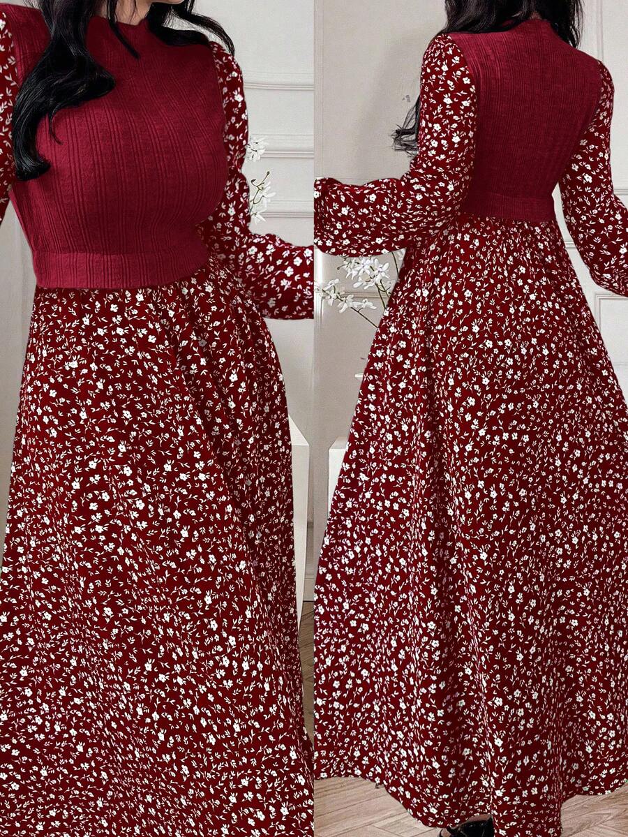 Modelyn Women's Ditsy Floral Patchwork Arabic Style Dress - Burgundy - View 1