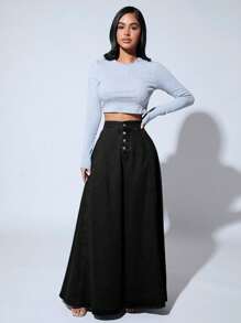 SHEIN SXY Casual Washed High Waist Extra Long Denim Skirt - Black - View 3