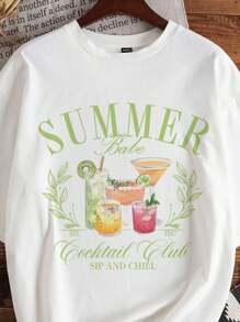 Manfinity Joysei 清爽鸡尾酒和树叶装饰优雅字母男士标准白色圆领 T 恤，休闲时尚