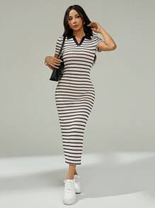 SHEIN PETITE Robe longue à manches courtes avec col polo tricoté à rayures pour femmes