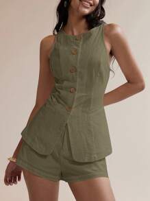 Easelle Olive Green Woven Vest & Shorts Women 2pcs Suit Set In Fall/Winter