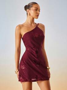 Hauture Women's Sexy Summer Night Vacay One Shoulder Low Back Burgundy Sequin Floral Mini Dress