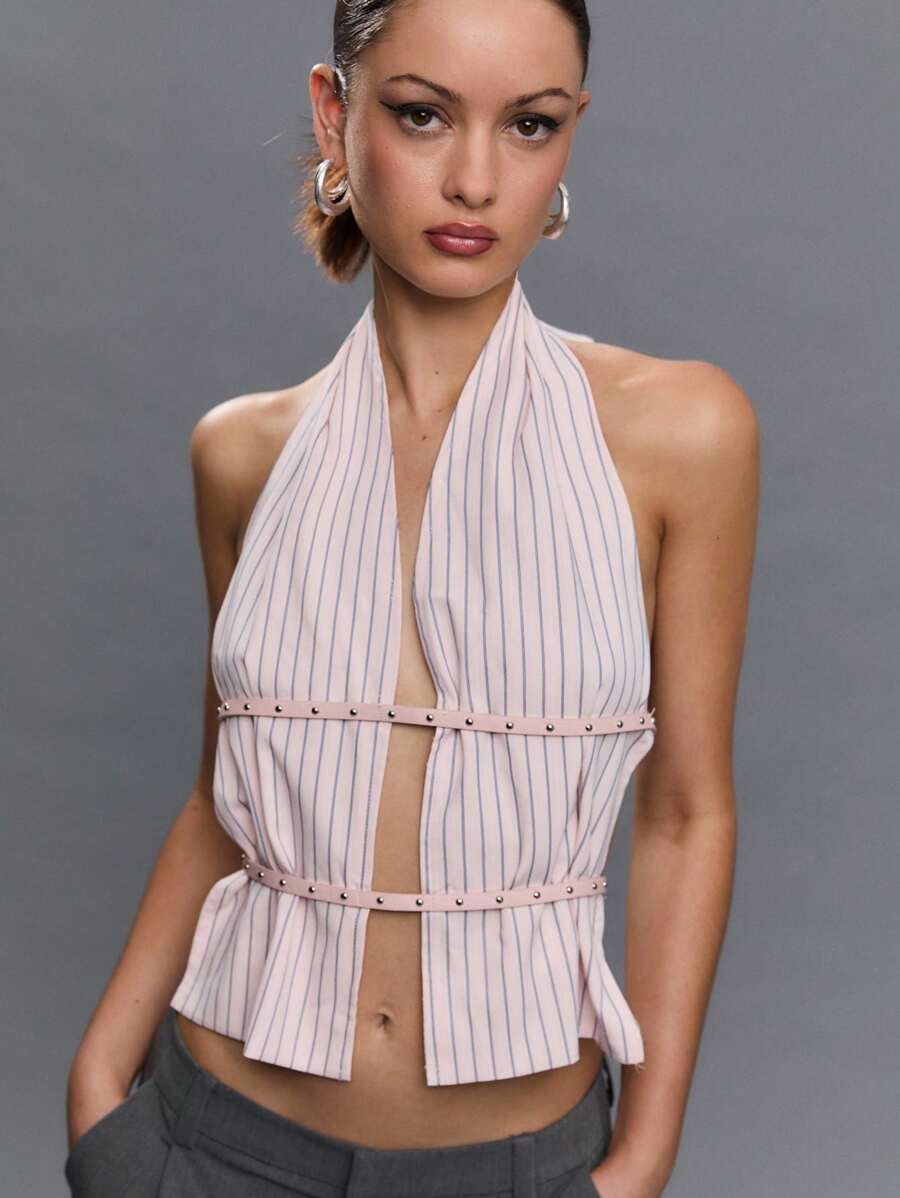 TypaGal Top de moda con diseño de abertura, cuello de halter y rayas para mujer - Rosa - Ver 1