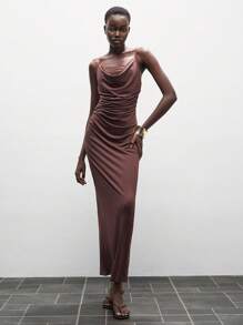 Lumivelle Women's Chocolate Brown Summer Elegant Tropical Cocktail Vintage Knit Camisole Dress,Fitted Bodycon French Pleated Decor Spaghetti Strap Midi Dress - Brown - View 4