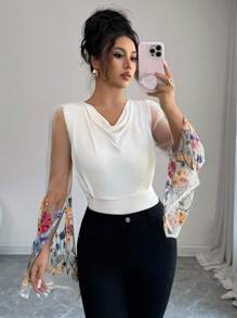 Elenzga 女式夏季时尚优雅领口设计荷叶边分层网眼刺绣拼接纯色黑色百搭长袖喇叭袖白色紧身衣 - 杏色 - 查看 4