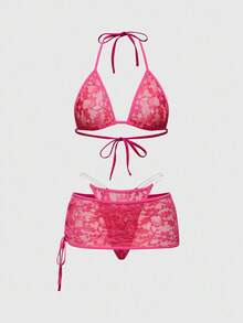 ROMWE Kawaii Women's Sexy Lace Halter Bralette & Thong Panty & Mini Skirt Set - Hot Pink - View 1