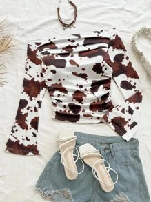 Soleia New Casual Holiday Western Beach Wedding Guest Attire, Graduation Brunch, St. Patrick's Day Spring Break Easter Festival, Elegant Bohemian Tropical Cow Print Off The Shoulder Flare Sleeve Women Top Cow Print Top CowGirl Top Western Top Rodeo Top Western Tops - Multicolor - View 3