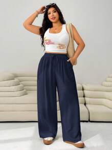 Solflare Plus Size Women Solid Color Loose Fit Wide Leg Pants For Summer, Versatile