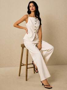 Poéselle 女士优雅纯色前扣吊带阔腿裤两件套，夏季 - 杏色 - 查看 3