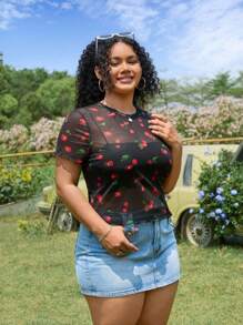 GalTyme Plus Size Women Cherry Print Round Neck Short Sleeve Fitted Blouse - Multicolor - View 4