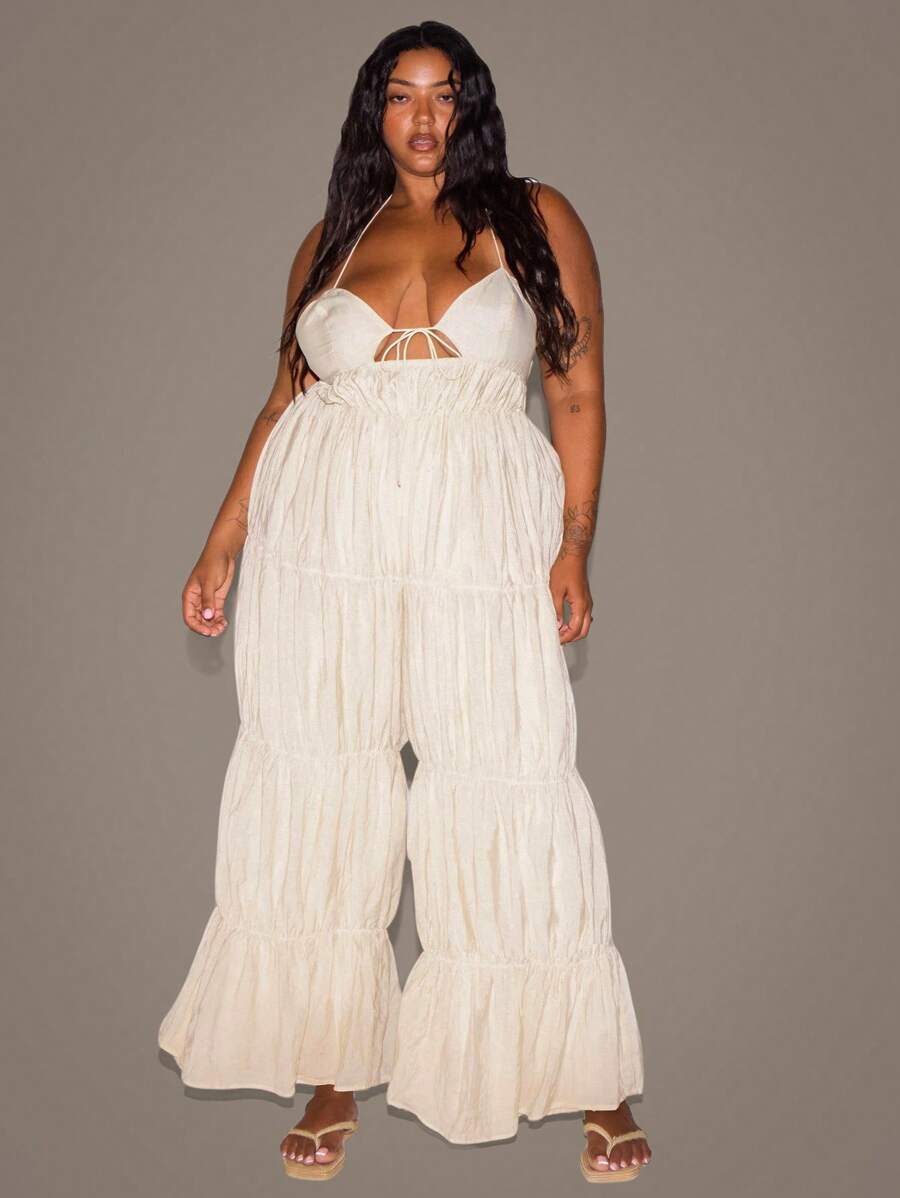 MUSERA 大码女式露背系带前开衩褶皱连体裤，假日泳装性感浪漫优雅香草色，夏季必备 - 杏色 - 查看 1