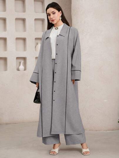 Veilorie 女式纯色翻领长袖单排扣夹克和裤子阿拉伯服装套装