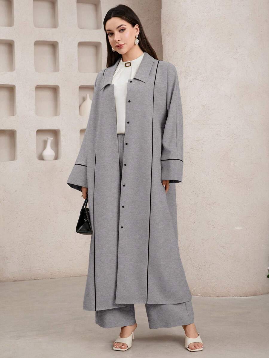 Veilorie 女式纯色翻领长袖单排扣夹克和裤子阿拉伯服装套装 - 灰色 - 查看 1