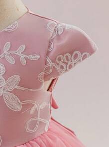 Glamorique Kids 粉色网眼刺绣蓬松公主裙，适合女婴、花童婚礼派对生日服装 - 粉色 - 查看 8