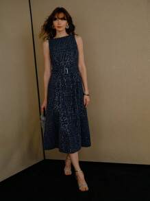 MOTF PREMIUM ALL OVER PRINT DENIM MIDI DRESS WITH BELT - Navy Blue - View 5