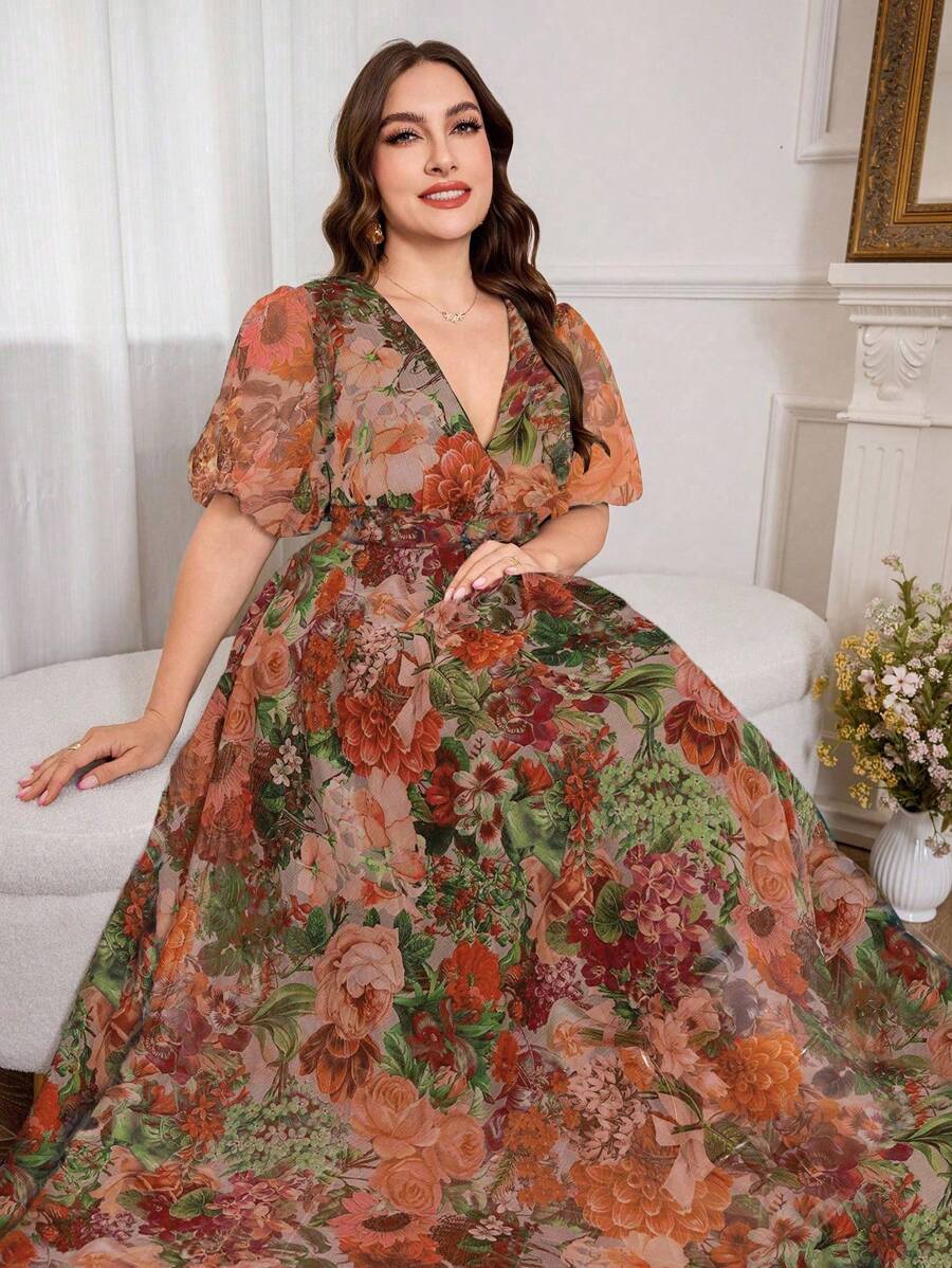 Modelyn Đầm tay ngắn cổ chữ V in hoa sang trọng thanh lịch mới - trái cam - Xem 1