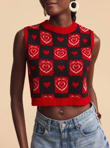 Travachic Women Round Neck Heart & Geometric Pattern Casual Knitted Tank Top,Fall Women ,Autumn ,Easter,Holiday,Beach For Woman,Vacation Women,Concert Women,BOHO,Bohemia,Music Festival,Tropical Vacation Woman, Romantic,Autumn ,Winter ,Christmas,Going Out Tops Women ,Going Out Tops,Casual,Cute - Multicolor - View 1