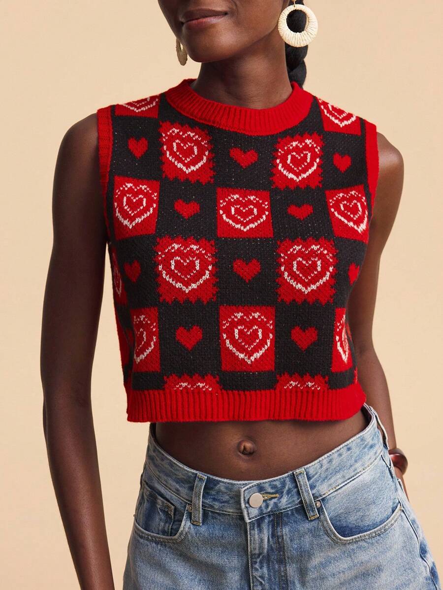 Travachic Women Round Neck Heart & Geometric Pattern Casual Knitted Tank Top,Fall Women ,Autumn ,Easter,Holiday,Beach For Woman,Vacation Women,Concert Women,BOHO,Bohemia,Music Festival,Tropical Vacation Woman, Romantic,Autumn ,Winter ,Christmas,Going Out Tops Women ,Going Out Tops,Casual,Cute - Multicolor - View 1